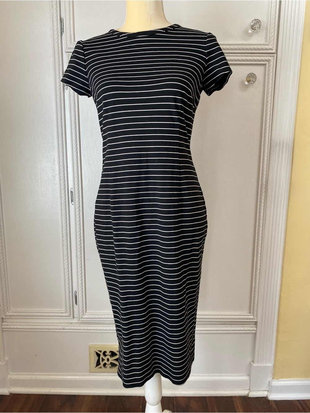 Ann Taylor Black and White Striped Midi Dress